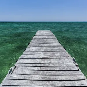 A wood dock in the foreground with clear green water and blue skies near the Isle of Youth A wood dock in the foreground with clear green water and blue skies near the Isle of Youth