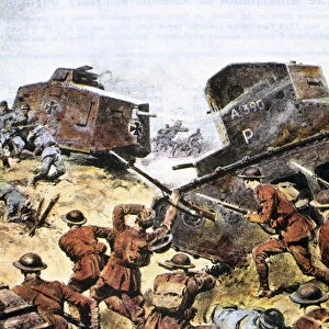World War I (1914-1918). Battle between Allied and German tanks in May 1918