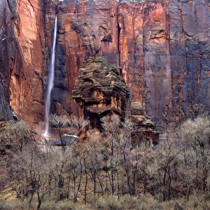 Zion National Park, Utah. USA. The Pulpit & ephemeral waterfall. Temple of Sinawava in winter