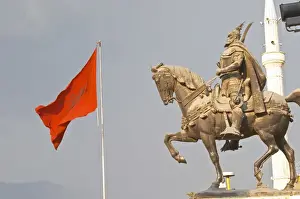 Icon Prints: 15th century warrior and national hero Skanderbeg on a huge stone socle. The Tirana