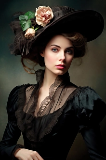 Nostalgia Prints: 1890's female fashion model in hat and black lace
