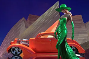 Chrysler Prints: 1936 Chrysler hotrod and woman model in green