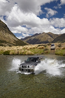 Four Wheel Drive Prints: 4WD crossing the Mararoa River, near Mavora Lakes, Southland, South Island, New Zealand