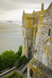 Normandy Prints: Abbey walls and bay, Mont Saint-Michel monastery, Normandy, France