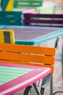 Images Dated 25th January 2006: ABC Islands - ARUBA - Palm Beach: Colorful Cafe Tables & Chairs