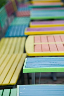 Images Dated 25th January 2006: ABC Islands - ARUBA - Palm Beach: Colorful Cafe Tables & Chairs