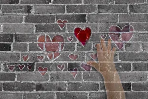 Abstract Prints: Abstract of brick wall with hearts and hand