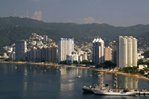 Acapulco Bay lined with hotels in Acapulco, Guerrero, Mexico