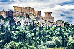 Athens Prints: Acropolis, green trees, hill from Agora Temple of Athena Nike Propylaea Athens Greece