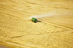 Barley Prints: Aerial of combines harvesting wheat crop in the Palouse Region near Pullman, Washington