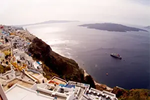 Mountainside Prints: Aerial View of Beautiful Fira and Cruise Ship in Santorini Greece