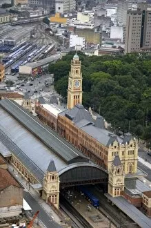 Aerial view of a clock tower on Estacion Luz train station in Sao Paulo, Brazil