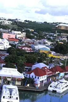 Watercraft Prints: Aerial view of colorful downtown shopping area from cruise ships at beautiful port