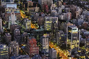 Cityscapes Gallery: Aerial view of downtown skyline at dusk, Santiago, Chile