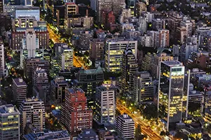 Cityscape Prints: Aerial view of downtown skyline at dusk, Santiago, Chile