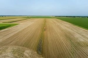 Images Dated 26th June 2024: Aerial view of farmer cutting corn silage for cattle feed