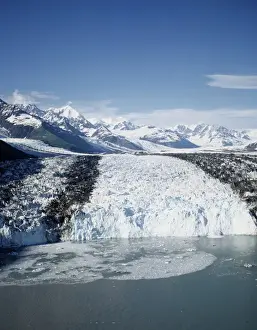 Water Feature Prints: Aerial view or Harvard Glacier flowing out of the Chugach Mountains into College