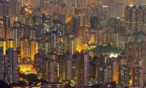 Cityscape Prints: Aerial view of high-rise at dusk, Hong Kong, China