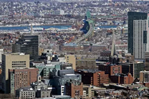 Prints of Aerial view including Leonard P Zakim Bunker Hill Memorial Bridge, a cable-stayed bridge that was completed in 2002, Boston, Massachusetts, Usa Images Dated 2018 December: Aerial view including Leonard P Zakim Bunker Hill Memorial Bridge, a cable-stayed