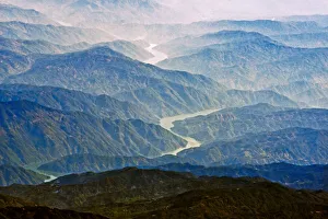 Myanmar Prints: Aerial view of Irrawaddy River winding through the mountain, South Asia