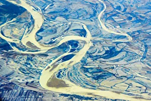 Snake River Prints: Aerial view of land and Songhua River covered by ice, northeast China