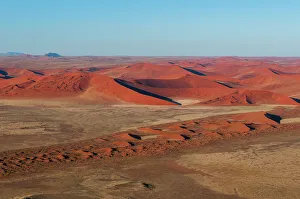Savanna Prints: An aerial view of red sand dunes in the Namib desert. Namib Naukluft Park, Namibia