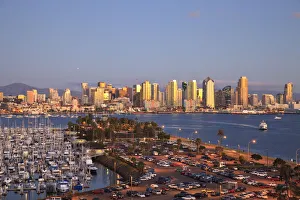 Harbor Island Prints: Aerial View of San Diego Skyline, Harbor Island Boats in the foreground, California