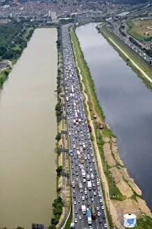 Aerial view of traffic on a highway in Sao Paulo, Brazil