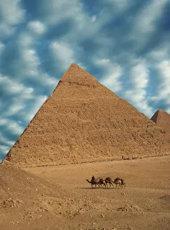 Africa, Egypt, Cairo. Great Pyramids. Man and camels walk past Great Pyramids. Credit as