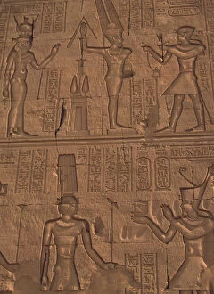 Africa, Egypt, Kom Ombo. Stone relief work on temple wall