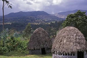 Africa, Ethiopia. Thatch huts of the Dorze tribe overlook the mountainous area of
