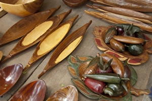 Africa, Gambia. Capital city of Banjul. Typical hand carved wooden souvenirs