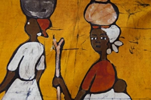 Africa, Gambia. Capital city of Banjul. Local batik workshop, colorful hand-painted