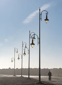 Bicycle Prints: Africa, Morocco, Asilah. Man rides bike past lampposts