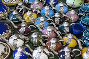 Marrakech Prints: Africa, Morocco, Casablanca. Traditional handicraft market. Souvenir ceramic tea pots