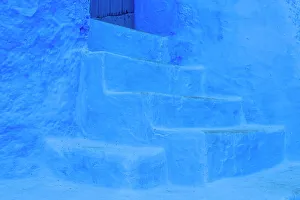 Stairway Prints: Africa, Morocco, Chefchaouen. Close-up of blue stairway