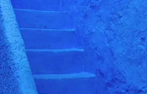 Stairway Prints: Africa, Morocco, Chefchaouen. Close-up of blue stairway