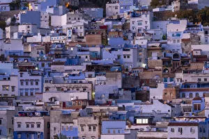 Twilight Prints: Africa, Morocco, Chefchaouen. Overview of town at twilight