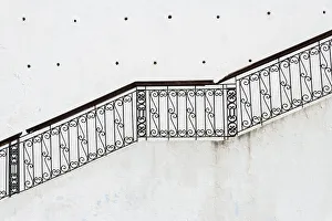 Staircase Prints: Africa, Morocco, Chefchaouen. View of metal staircase