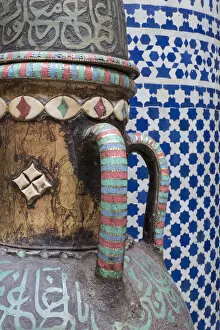 Morocco Collection: Africa, Morocco, Fes. Vase and pillar details with traditional design in the interior