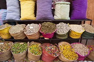 Morocco Collection: Africa, Morocco, Marrakech. A colorful display of potpourri and herbs for sale at a shop