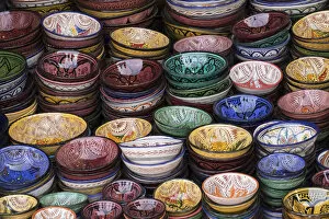 Morocco Collection: Africa, Morocco, Marrakech. Colorfully painted ceramic bowls for sale in a souk, a shop