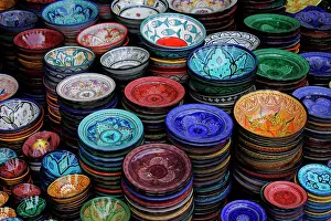 Editor's Picks: Africa, Morocco, Marrakech. Moroccan Hand-painted glazed ceramic dishes