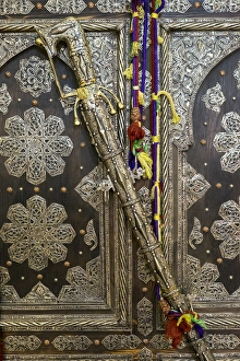 Africa, Morocco,. Tin decorated cabinet with tin sword sheath, Tinerhir Africa, Morocco,. Tin decorated cabinet with tin sword sheath, Tinerhir