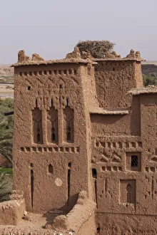 Straw Prints: Africa, Morocco. Walls, doors and windows, and a white stork nest (ciconia ciconia)