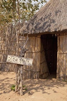 Straw Prints: Africa, Namibia, Caprivi Strip. Reception hut sign in Mbukushu Tribe village