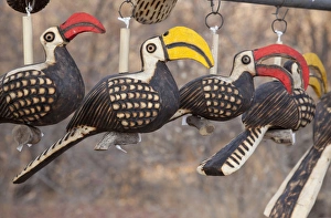 Africa, Namibia, Etosha National Park. Close-up of wooden bird carvings. Credit as Africa, Namibia, Etosha National Park. Close-up of wooden bird carvings. Credit as