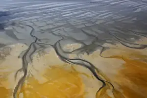 Africa, Namibia, Walvis Bay. Aerial view of Namib Rand Desert where it meets the sea