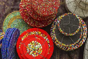Africa, Tanzania. Display of Msai bead crafts. Credit as