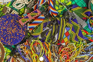 Africa, Tanzania. Display of Msai bead crafts. Credit as